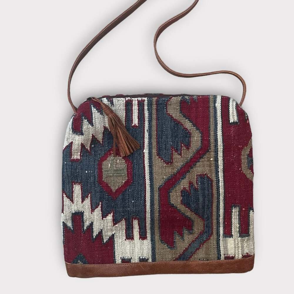Southwestern Kelim Saddle Blanket Woven Tote Bag Purse Tooled Leather Trim